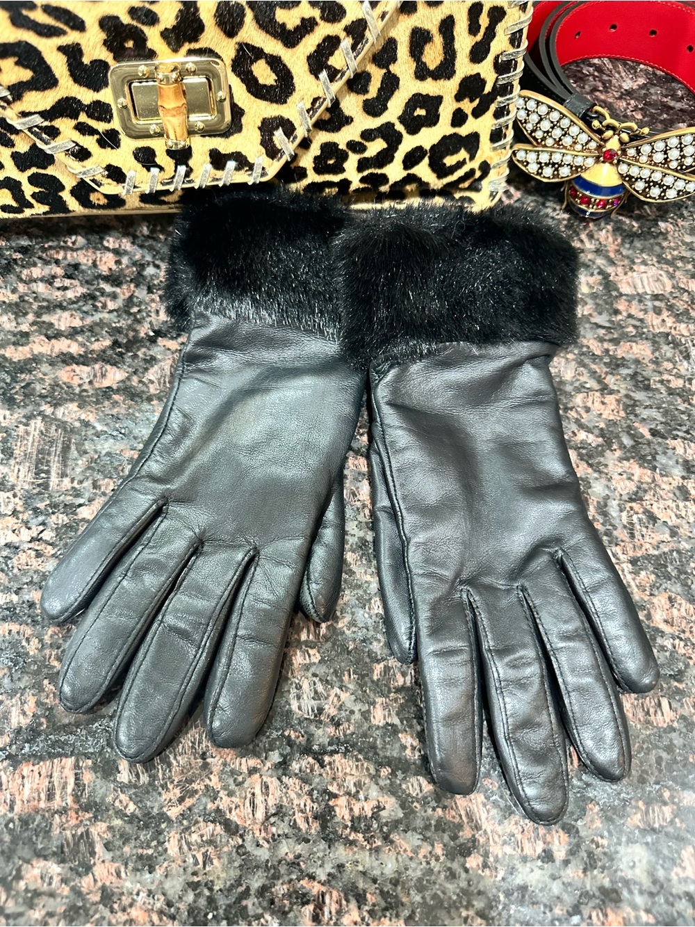 Charter Club Black Leather Gloves with Fur Trim
